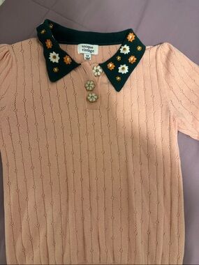 Unique Vintage Peach Knit Top with Forest Green Trim and Floral Buttons